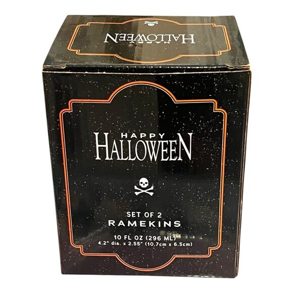 Whimsical Halloween Ramekins (2) Decorated W Bats Ghosts JackOLanterns Witch Hat - Picture 2 of 7